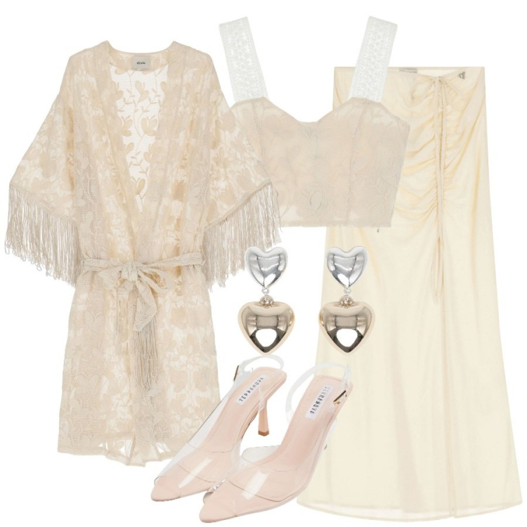 Outfit donna - Matrimonio sull\'isola. Stile Romantica per Cerimonia. Abbinamento con sandali col tacco, orecchini, cappotti, gonne lunghe, top.