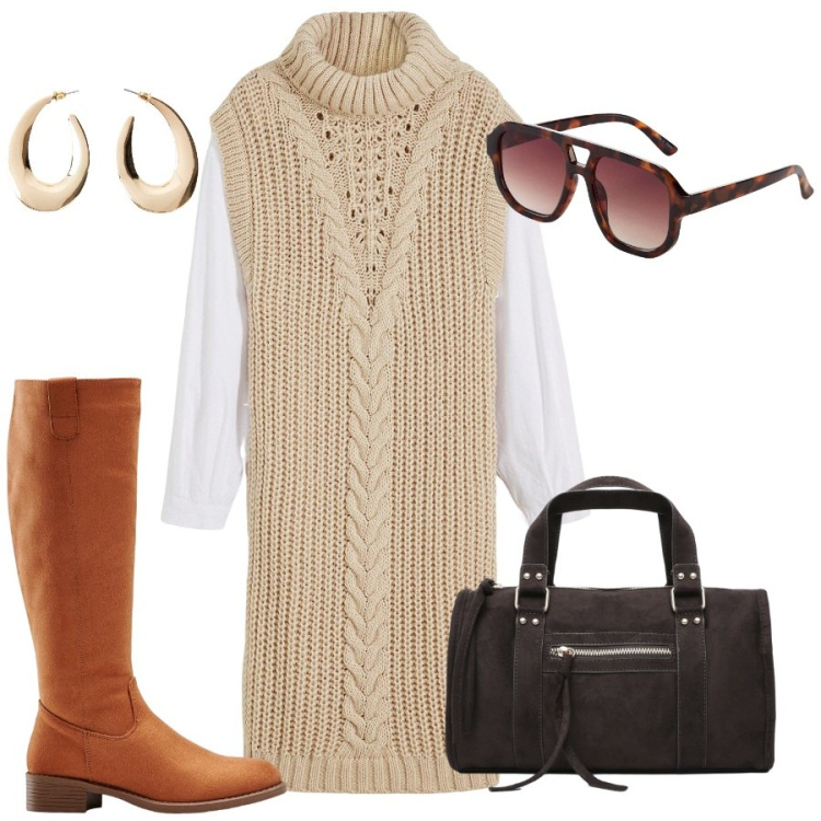 Outfit donna - Abito caldo e avvolgente. Stile Minimal per Tutti i giorni. Abbinamento con vestiti, stivali, orecchini, occhiali da sole, borse a mano.