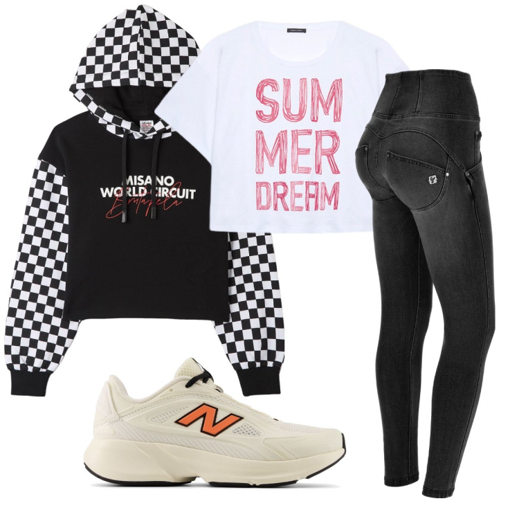 Outfit donna - La felpa coi quadretti. Stile Trendy per Scuola/Università. Abbinamento con felpe con cappuccio, sneakers, jeans skinny, t-shirt.
