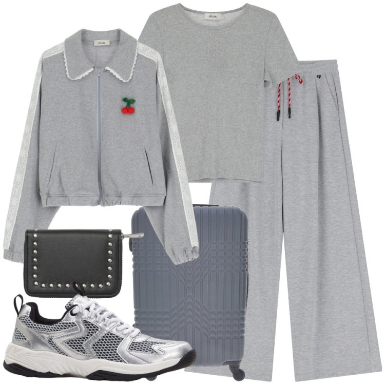 Outfit donna - Viaggiare con stile. Stile Chic per Tutti i giorni. Abbinamento con sneakers, portafogli, bomber, t-shirt, pantaloni a palazzo, valigie.