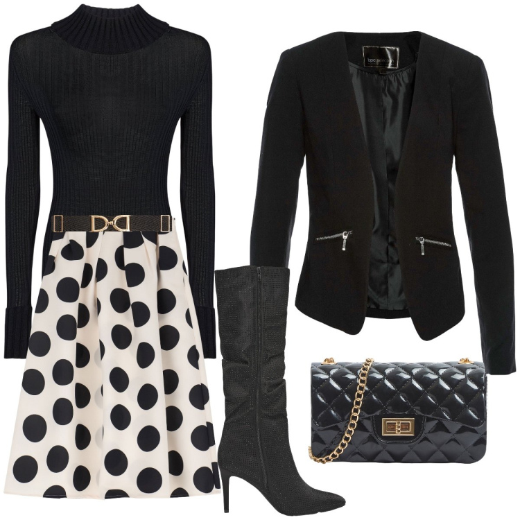 Outfit donna - In ufficio con stile. Stile Bon Ton per Ufficio. Abbinamento con blazer, borse a tracolla, cinture, stivali, gonne longuette, maglieria.