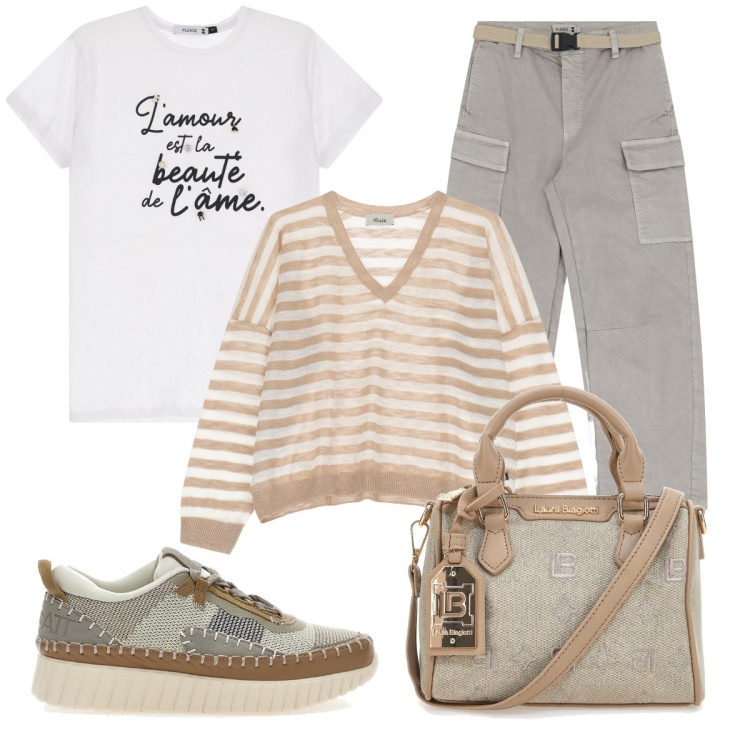 Outfit donna - Colori neutri per l’autunno. Stile Urban per Scuola/Università. Abbinamento con pantaloni chino, t-shirt, maglieria, sneakers, borse a tracolla.