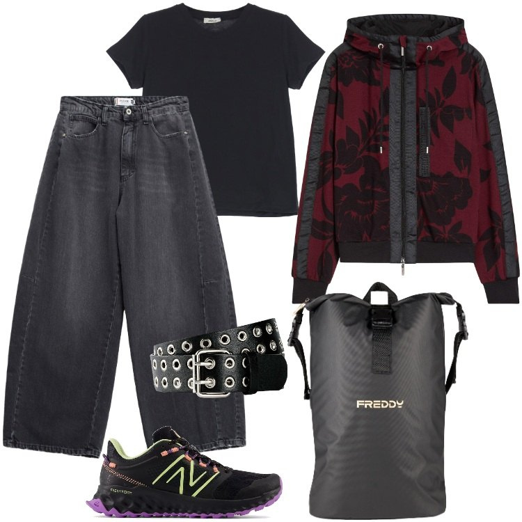 Outfit donna - Hard Skool. Stile Trendy per Scuola/Università. Abbinamento con felpe, cinture, sneakers, jeans, borse sportive, t-shirt.
