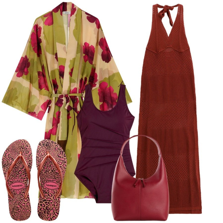 Outfit donna - Terrazza sul mare. Stile Chic per Mare. Abbinamento con costumi interi, shopping bag, vestiti lunghi, cappotti, infradito.