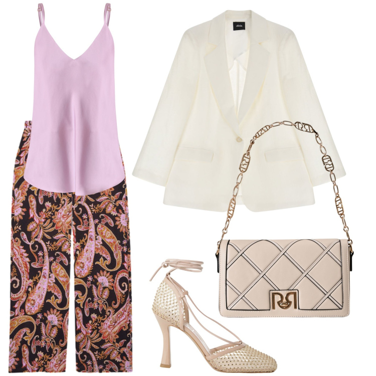 Outfit donna - Blazer bianco in primo piano. Stile Glamour per Tutti i giorni. Abbinamento con canottiere, borse a tracolla, décolleté, blazer, pantaloni.