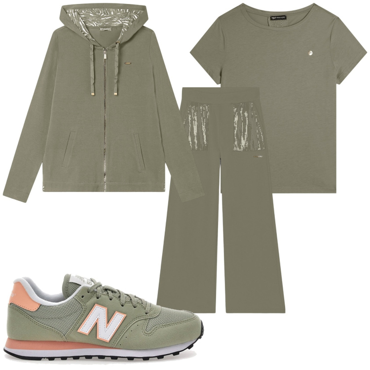 Outfit donna - Sportiva in verde. Stile Casual per Tutti i giorni. Abbinamento con pantaloni, felpe con cappuccio, t-shirt, sneakers.