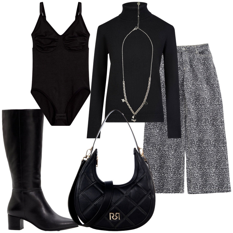 Outfit donna - Lo stivale sempre comodo. Stile Casual per Tutti i giorni. Abbinamento con stivali, body, borse a tracolla, pantaloni, ciondoli, maglieria.