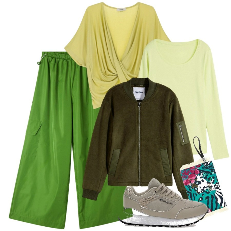 Outfit donna - Pronta per ogni clima. Stile Sporty chic per Sport. Abbinamento con maglieria, bomber, pantaloni cargo, t-shirt, sneakers, pochette.