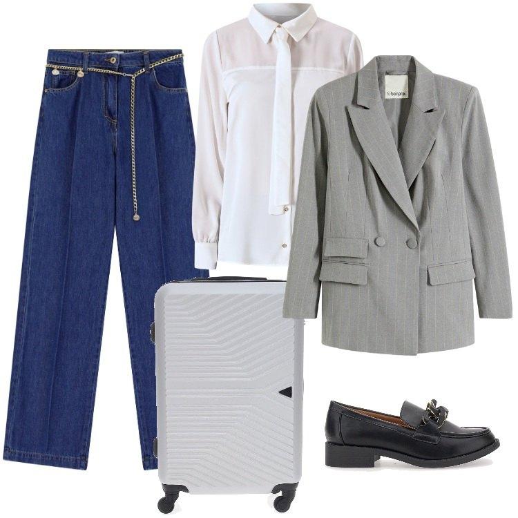 Outfit donna - Total look #2240479. Stile Boho per Ufficio. Abbinamento con blazer, camicie, jeans, mocassini, valigie.