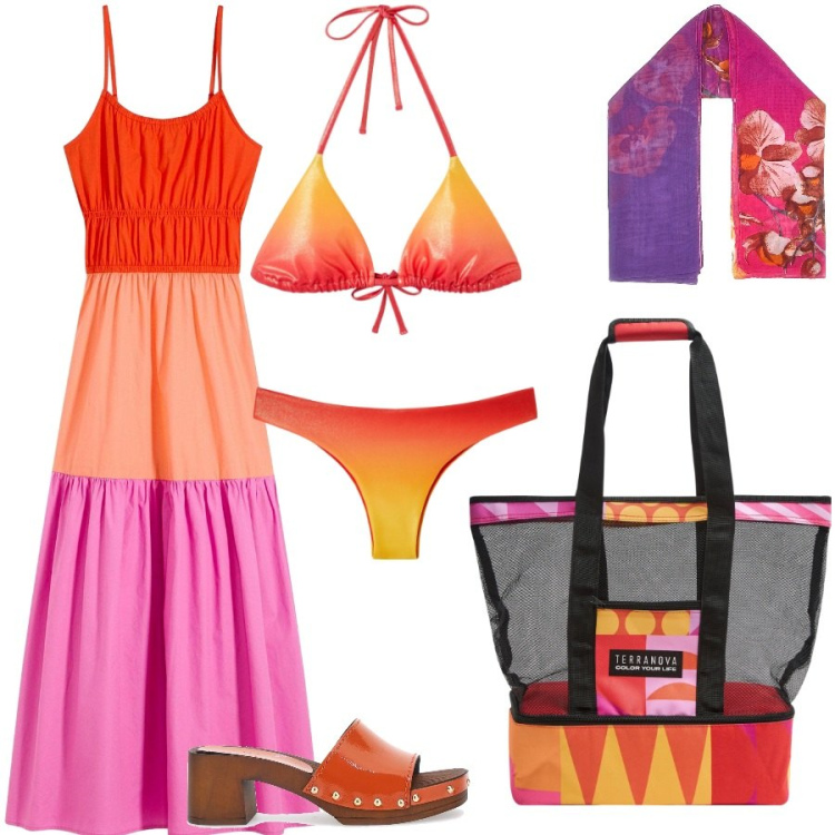 Outfit donna - La tranquillità di Settembre. Stile Casual per Mare. Abbinamento con vestiti, borse tote, bikini, bikini, zoccoli, foulard.