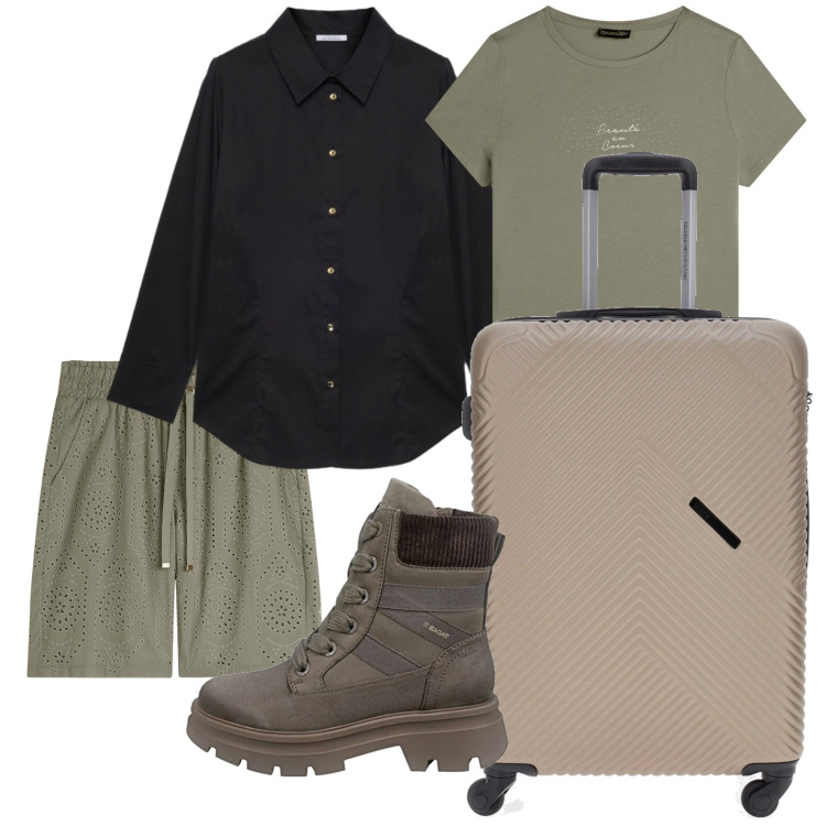 Outfit donna - Viaggio safari. Stile Trendy per Tutti i giorni. Abbinamento con t-shirt, bermuda, valigie, camicie, anfibi.