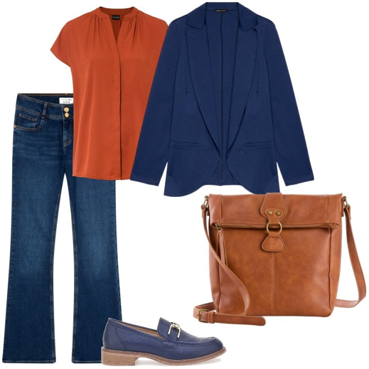 Outfit donna - Blazer mon amour. Stile Minimal per Scuola/Università. Abbinamento con borse a tracolla, camicie a manica corta, jeans a zampa, blazer, mocassini.
