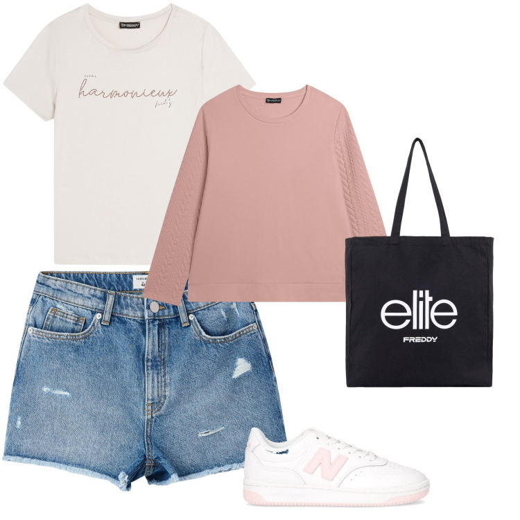 Outfit donna - In bici con le amiche. Stile Casual per Tutti i giorni. Abbinamento con shorts, t-shirt, felpe, shopping bag, sneakers.
