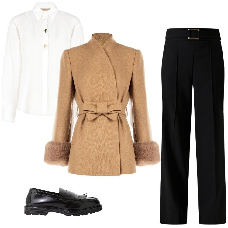 Outfit donna - Total look #2240494. Stile Casual per Ufficio. Abbinamento con pantaloni, camicie, cappotti, mocassini.