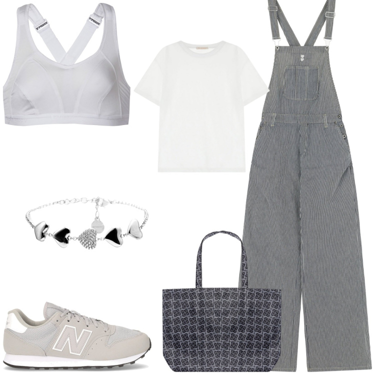 Outfit donna - Total look #2240497. Stile Casual per Tutti i giorni. Abbinamento con t-shirt, salopette, reggiseni, braccialetti, shopping bag, sneakers.