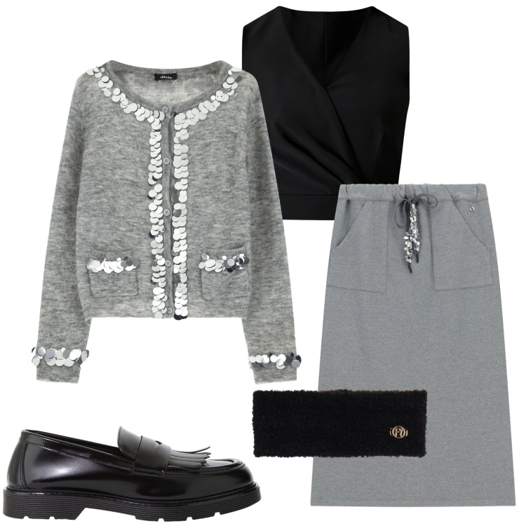 Outfit donna - Casual chic. Stile Casual chic per Serata fuori. Abbinamento con top, gonne lunghe, mocassini, cardigans, fasce per capelli.