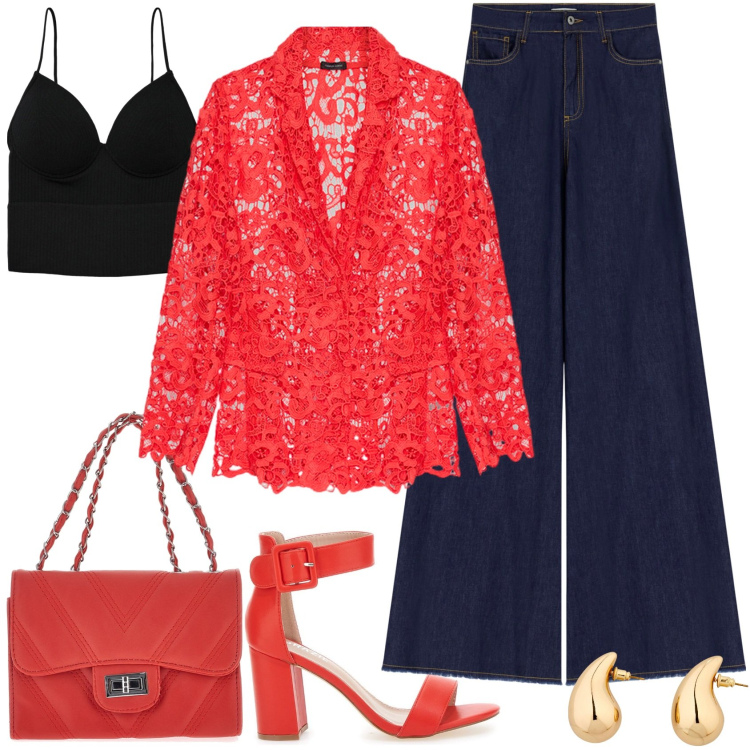 Outfit donna - Blazer in pizzo rosso!. Stile Casual chic per Serata fuori. Abbinamento con orecchini, top, jeans a zampa, blazer, sandali col tacco, borse a tracolla.