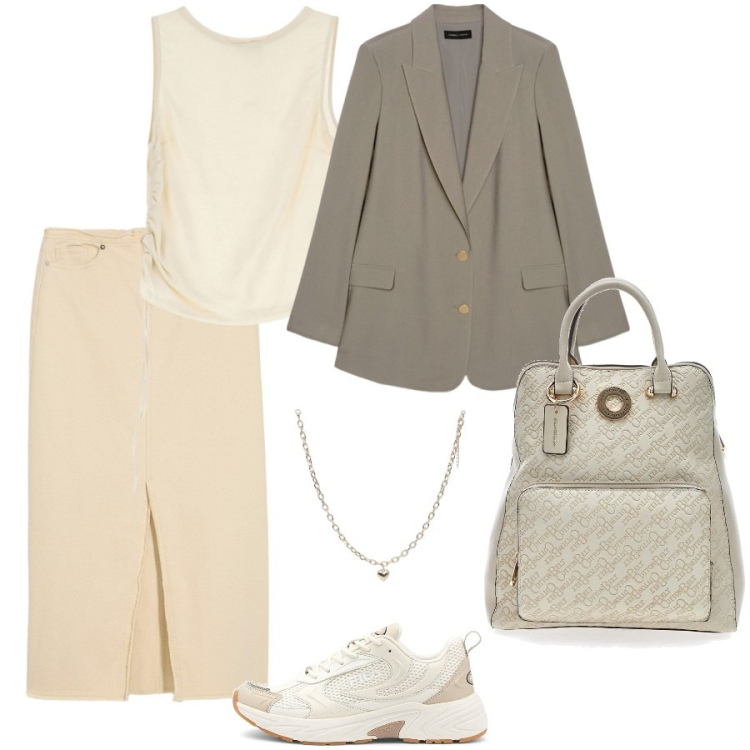 Outfit donna - Il blazer verde oliva. Stile Casual chic per Ufficio. Abbinamento con gonne, collane, top, blazer, sneakers, zaini.