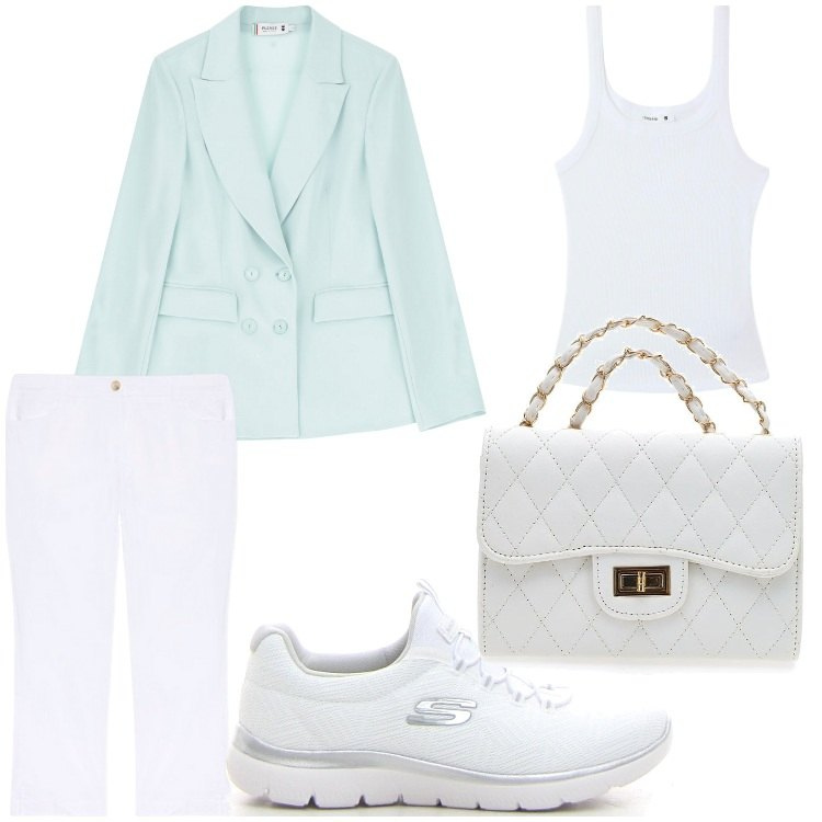 Outfit donna - Colori chiari. Stile Sporty chic per Ufficio. Abbinamento con canottiere, blazer, sneakers, pantaloni, borse a tracolla.