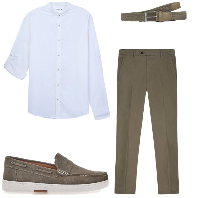 Outfit uomo - Aperitivo in terrazza. Stile Casual per Serata speciale. Abbinamento con camicie, cinture, scarpe stringate, pantaloni chino.