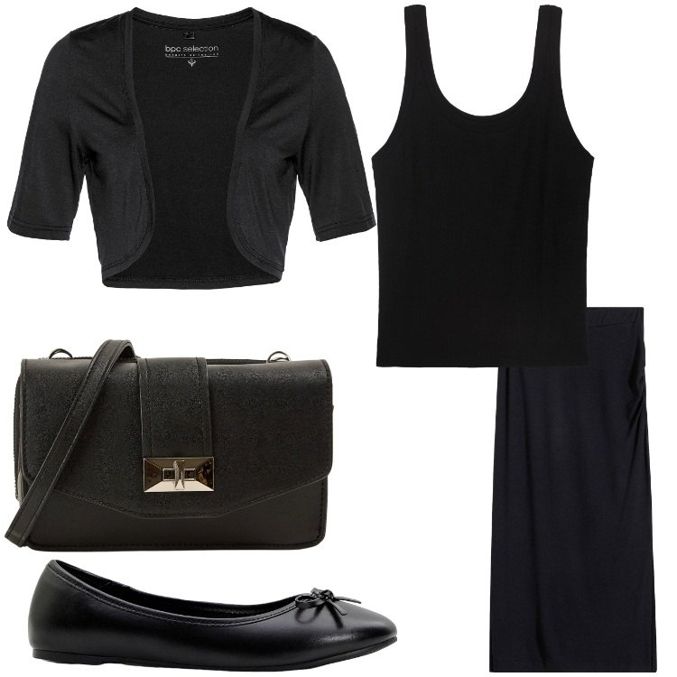 Outfit donna - Nero classico. Stile Bon Ton per Serata fuori. Abbinamento con blazer, ballerine, gonne longuette, borse a tracolla, canottiere.