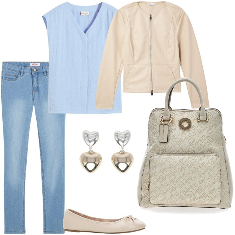 Outfit donna - Una mattina frescosa. Stile Casual chic per Tutti i giorni. Abbinamento con top, jeans skinny, ballerine, blazer, orecchini, zaini.