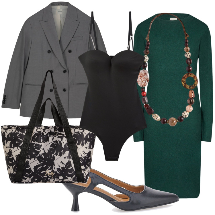 Outfit donna - Total look in saldo seppur autunnale. Stile Urban per Ufficio. Abbinamento con body, shopping bag, vestiti midi/longuette, décolleté, collane, blazer.