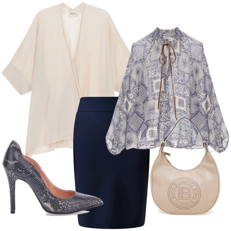 Outfit donna - Total look #2240512. Stile Glamour per Ufficio. Abbinamento con gonne, bluse, cardigans, borse a spalla, décolleté.