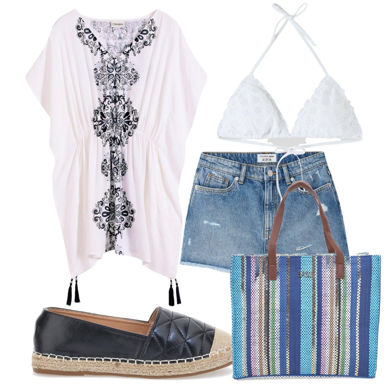 Outfit donna - B and B boho beach. Stile Boho per Mare. Abbinamento con vestiti da spiaggia, shorts, bikini, espadrillas, shopping bag.