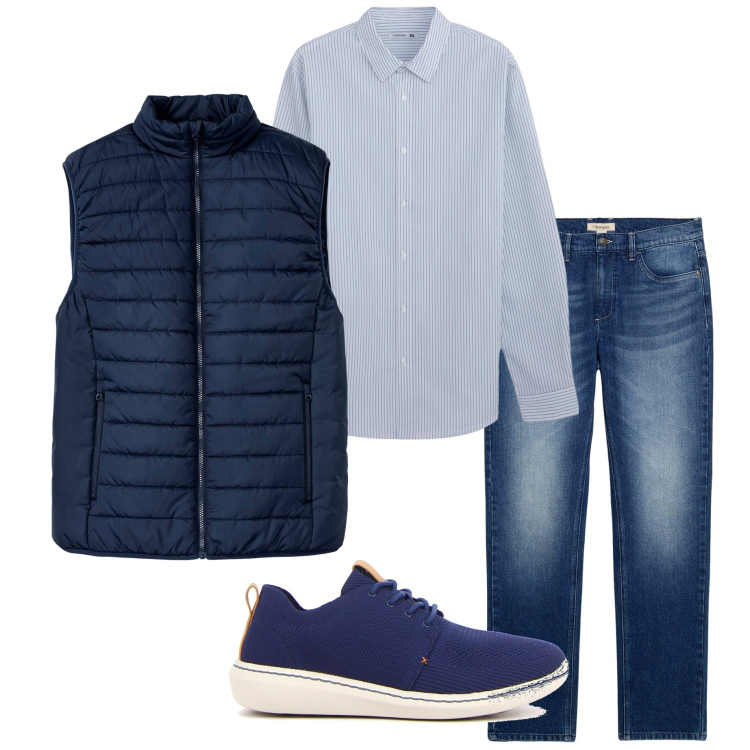 Outfit uomo - Settembre. Stile Casual per Tutti i giorni. Abbinamento con gilet, jeans dritti, camicie, sneakers.