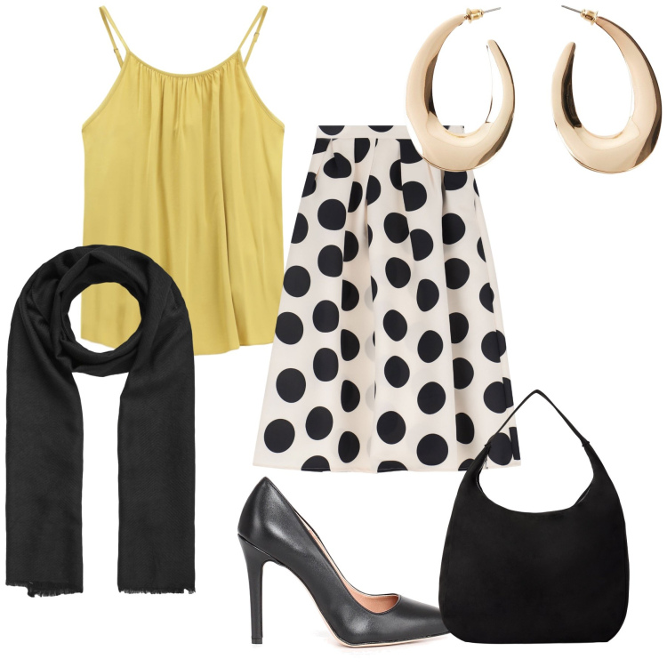 Outfit donna - Aperitivo di lavoro. Stile Chic per Serata fuori. Abbinamento con orecchini, foulard, borse a mano, top, gonne longuette, décolleté.