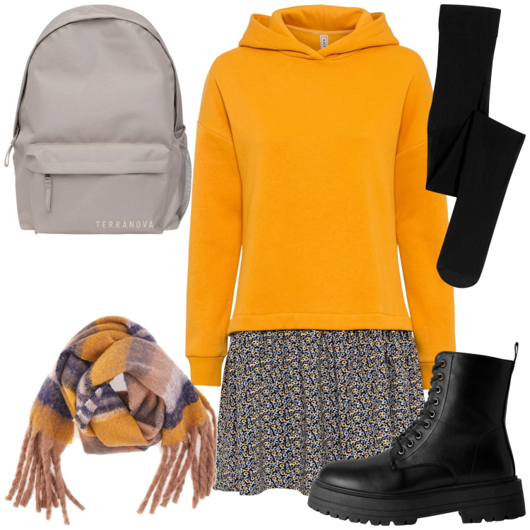 Outfit donna - Mattina all\'università. Stile Casual per Scuola/Università. Abbinamento con vestiti, collant, zaini, anfibi, sciarpe.
