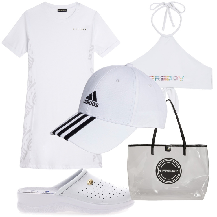 Outfit donna - White sand. Stile Casual per Mare. Abbinamento con shopping bag, bikini, vestiti midi/longuette, cappelli con visiera, zoccoli.