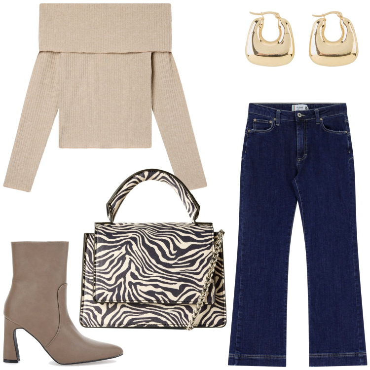 Outfit donna - New season. Stile Casual chic per Tutti i giorni. Abbinamento con orecchini, borse a tracolla, maglieria, jeans a zampa, stivaletti.