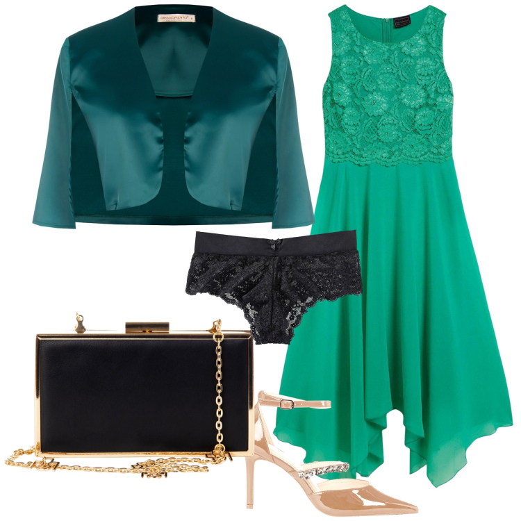 Outfit donna - Cerimonia in verde. Stile Chic per Cerimonia. Abbinamento con culotte, vestiti midi/longuette, pochette, bolero, décolleté.