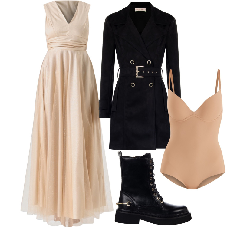 Outfit donna - Eterea anche d inverno. Stile Glamour per Serata fuori. Abbinamento con vestiti lunghi, body, trench, anfibi.