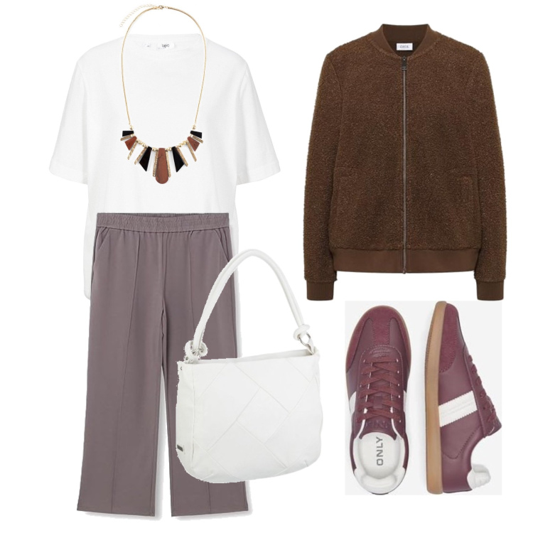 Outfit femme - Septembre. Style Casual chic pour Tous les jours. Assortir avec colliers, t-shirts, pantalon , sacs à main, sneakers, blazers.