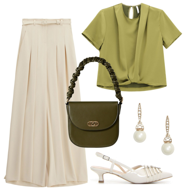 Outfit donna - Raffinata. Stile Chic per Serata fuori. Abbinamento con borse a mano, bluse, pantaloni a palazzo, orecchini, décolleté.