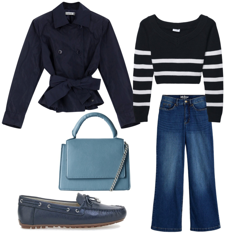 Outfit donna - Fall trends. Stile Trendy per Tutti i giorni. Abbinamento con jeans, borse a tracolla, maglieria, blazer, mocassini.
