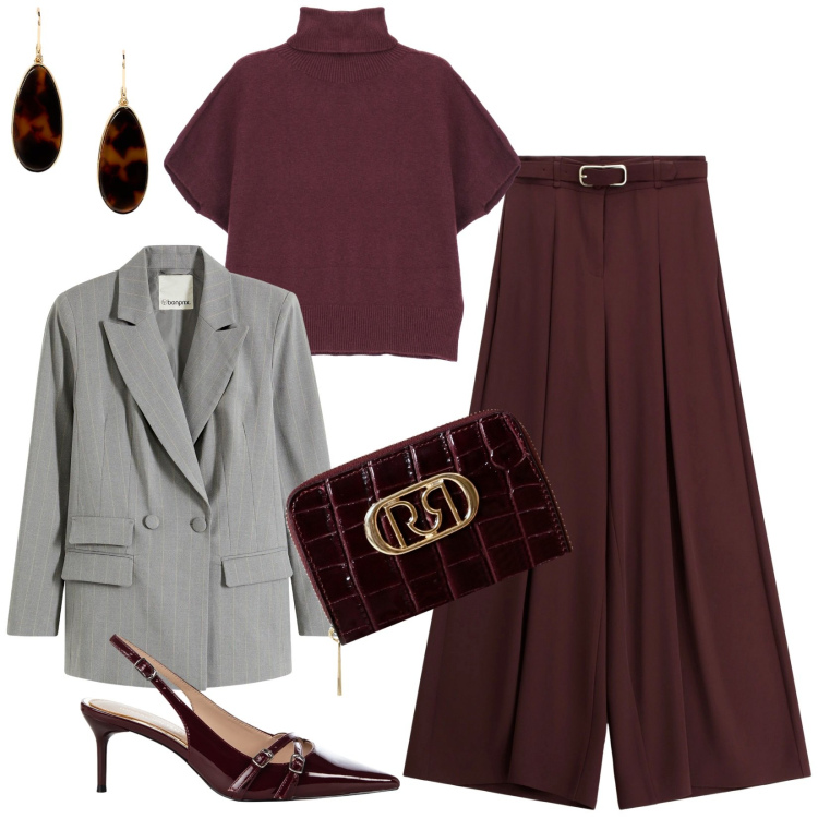 Outfit donna - L\'eleganza del borgogna. Stile Chic per Ufficio. Abbinamento con blazer, décolleté, portafogli, pantaloni, maglieria, orecchini.
