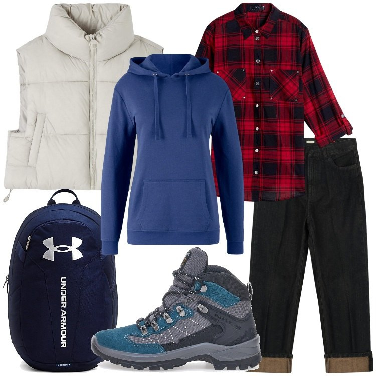 Outfit donna - Vacanza in alta quota. Stile Casual per Tutti i giorni. Abbinamento con camicie, felpe con cappuccio, piumini, stivaletti, zaini, jeans dritti.