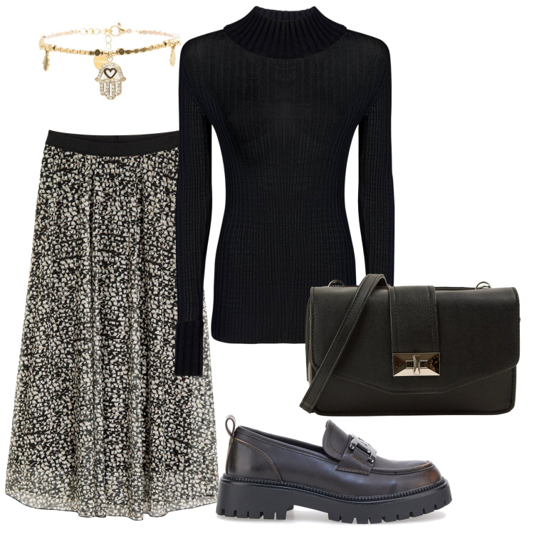 Outfit donna - La cena con le amiche. Stile Trendy per Serata fuori. Abbinamento con gonne, borse a tracolla, braccialetti, maglieria, mocassini.