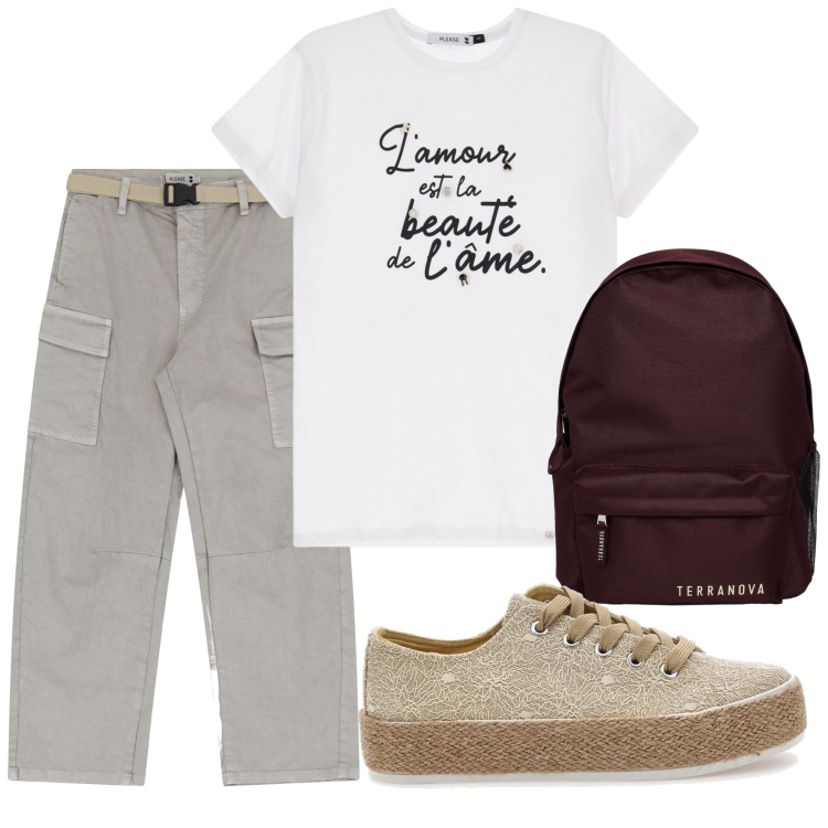 Outfit donna - Outfit per la scuola a settembre. Stile Casual per Scuola/Università. Abbinamento con zaini, pantaloni chino, t-shirt, sneakers.