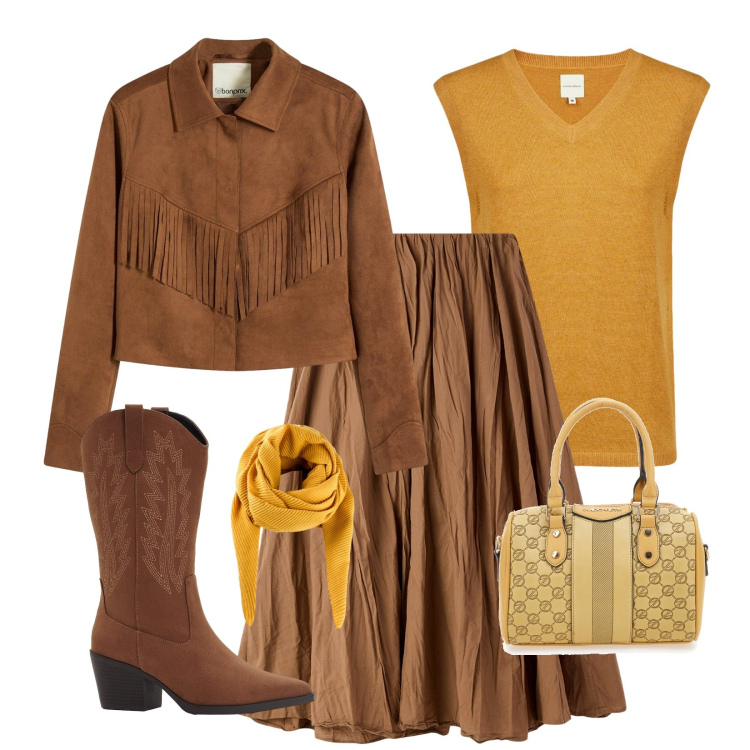 Outfit donna - Country Chic!. Stile Vintage retrò per Serata fuori. Abbinamento con stivali, blazer, foulard, gonne lunghe, maglieria, borse a spalla.