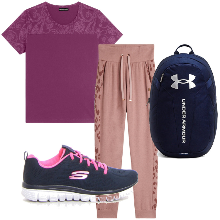 Outfit donna - In palestra. Stile Sporty chic per Sport. Abbinamento con t-shirt, pantaloni, zaini, sneakers.
