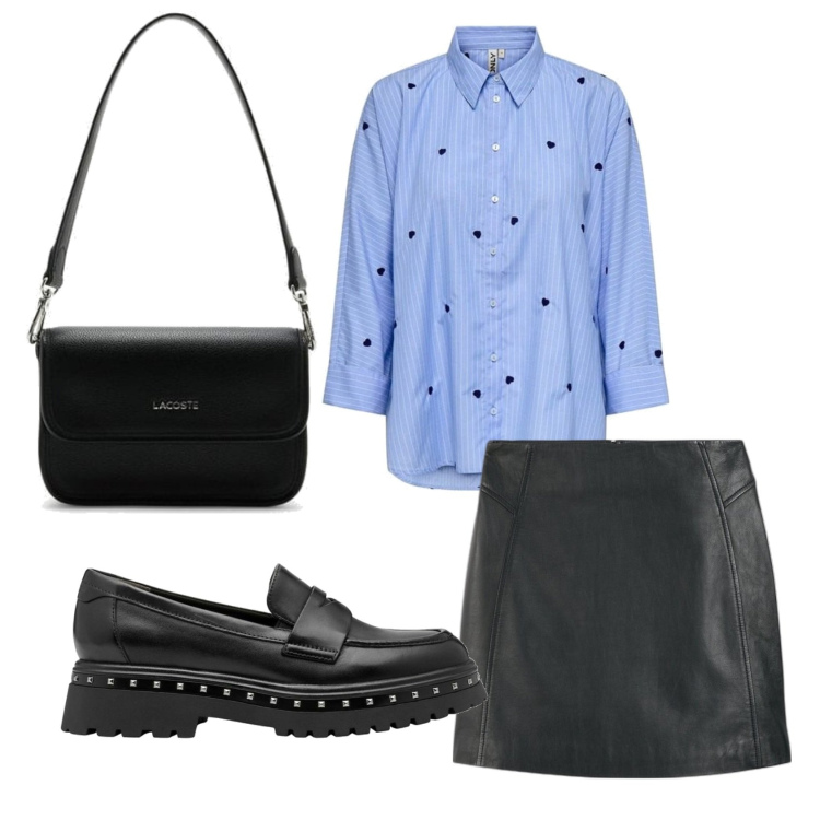 Outfit mujer - Trendy look. Estilo Urban para Todos los días. Combinación con camisas, mocasines, minifaldas, bandoleras.