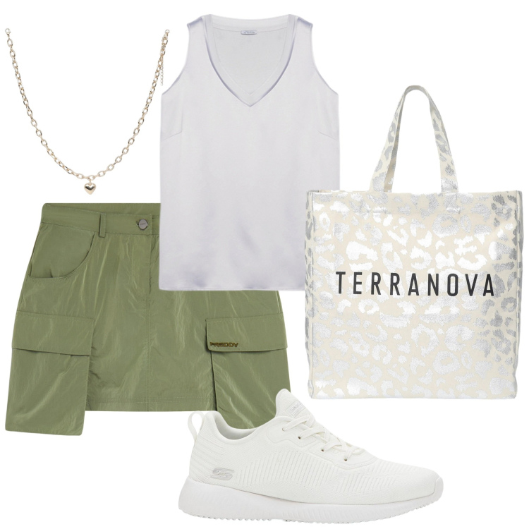 Outfit donna - Stile Easy. Stile Basic per Scuola/Università. Abbinamento con sneakers, collane, borse tote, minigonne, top.