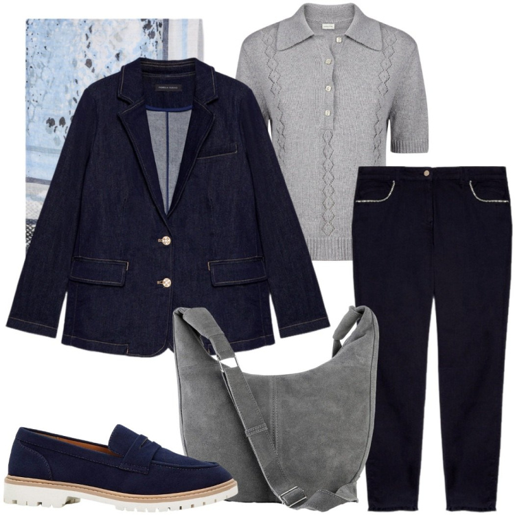 Outfit donna - Minimal chic autunnale. Stile Minimal per Ufficio. Abbinamento con mocassini, borse a mano, jeans skinny, polo, blazer, foulard.