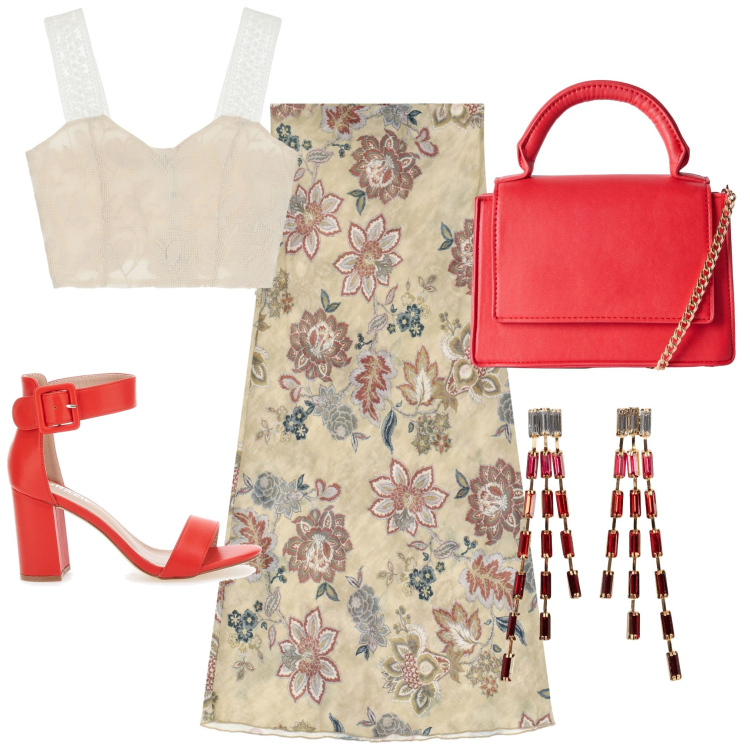 Outfit donna - Caldo settembre. Stile Chic per Tutti i giorni. Abbinamento con orecchini, borse a tracolla, top, gonne lunghe, sandali col tacco.