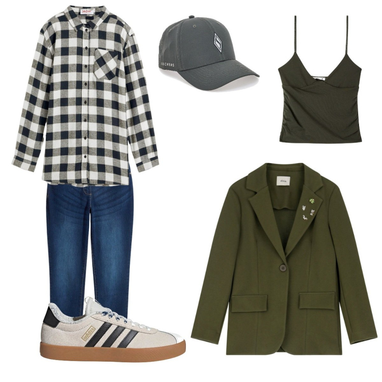 Outfit donna - Total look #2240585. Stile Urban per Tutti i giorni. Abbinamento con jeans boyfriend, camicie, canottiere, blazer, cappelli con visiera, sneakers.